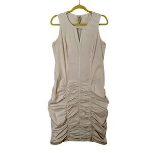 XCVI Ruched Neutral Khaki Sleeveless Dress Cotton Stretch Size L